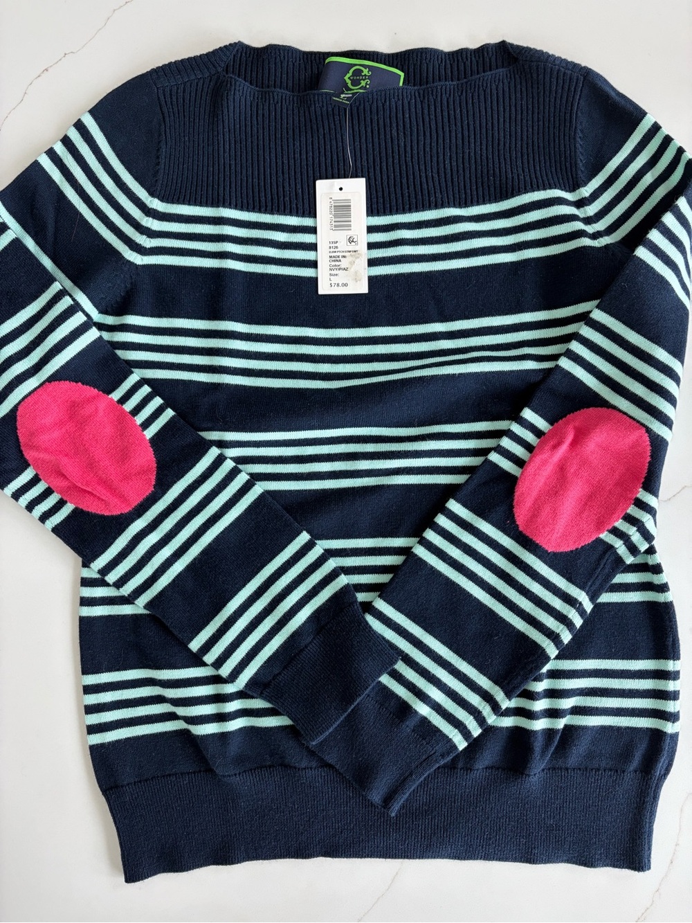 Navy cotton crew neck with pale blue stripes and pink elbow detail size L NWT
